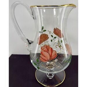 Bohemia‎ Crystal Pitcher Hand Painted Roses 24K Gold Trim 82oz Pedestal